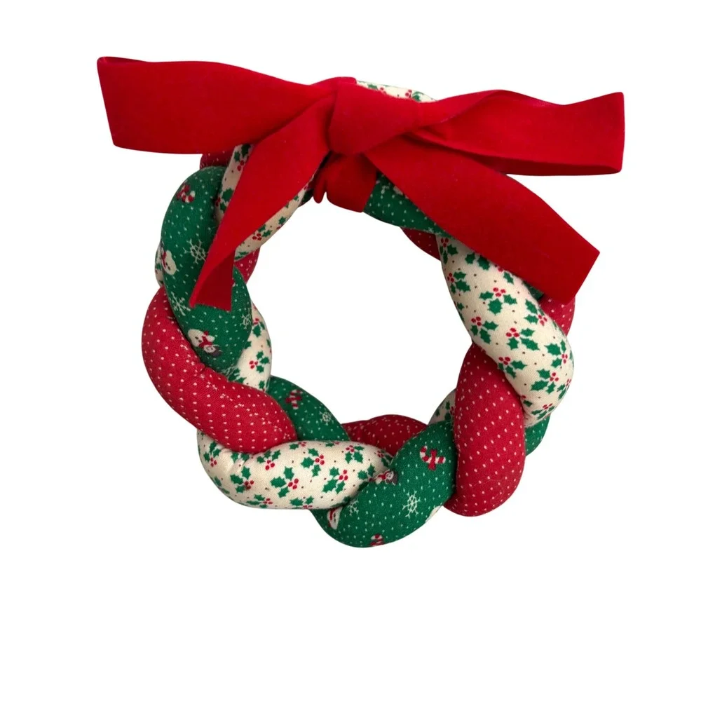 VTG Handmade Fabric Braided Christmas Wreath Ornament Red Velvet Bow 5.5